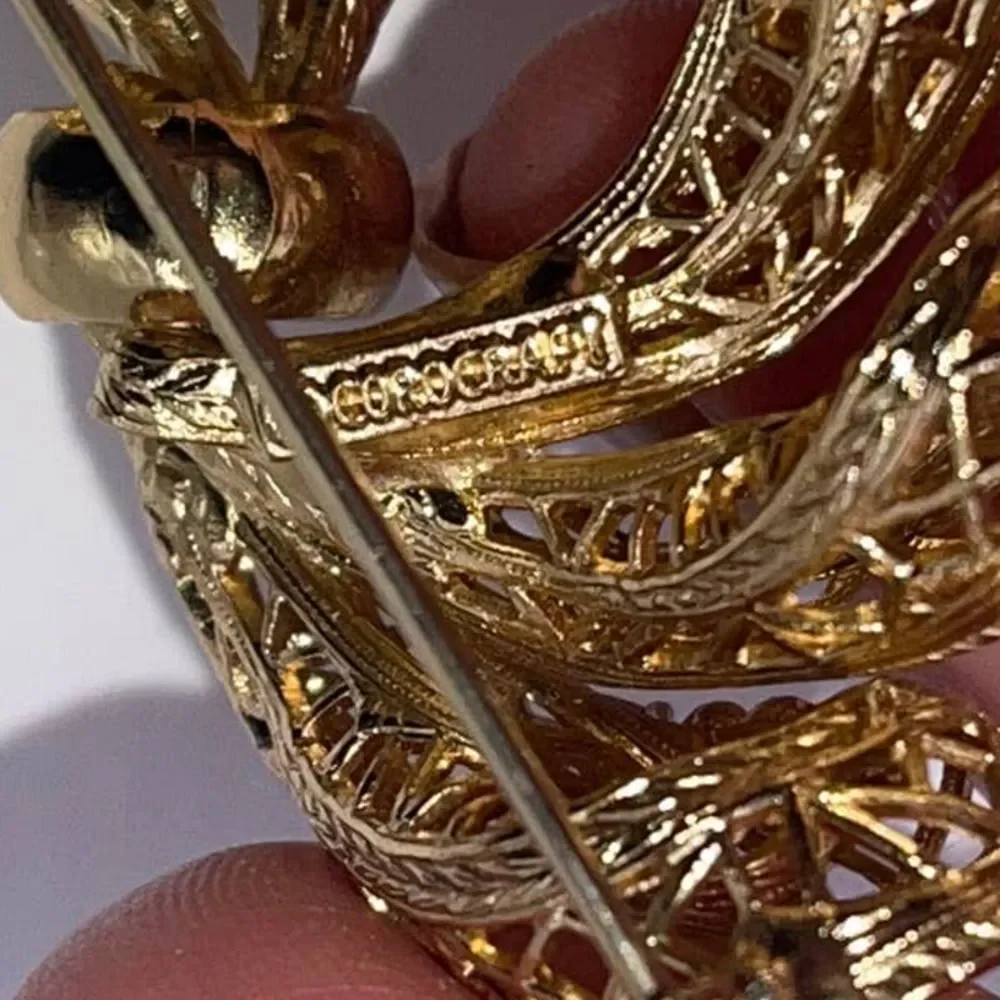 Vintage Corocraft‎ Filigree Gold Tone Bow Brooch Pin